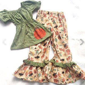 🎃GIRLS CUTE ADORABLE BIG RUFFLES RUFFLE PANT SET FALL THANKSGIVING  5 🎃
